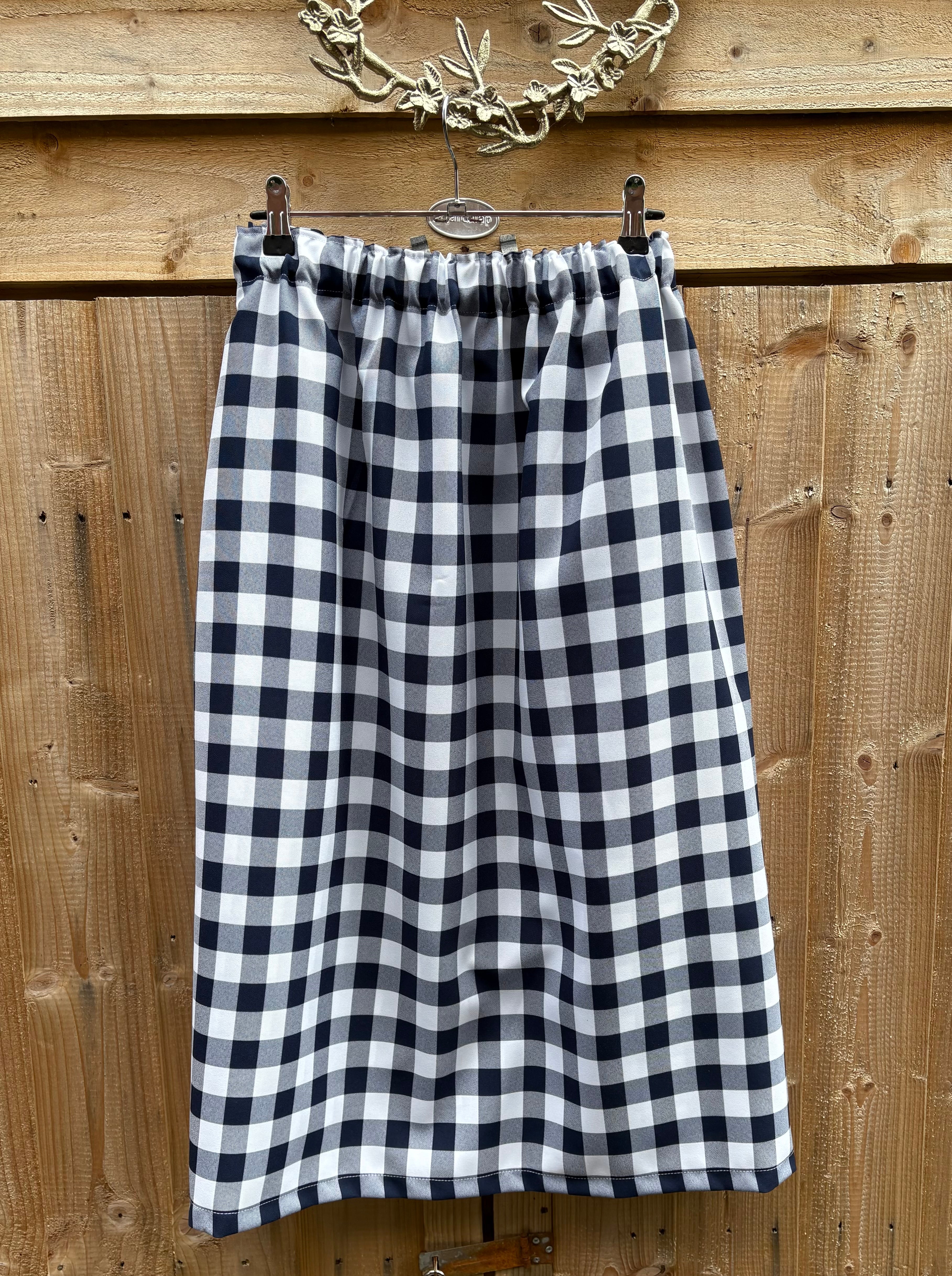 Handmade Ruth elasticated skirt.  Navy and white check cotton fabric 31ins waist