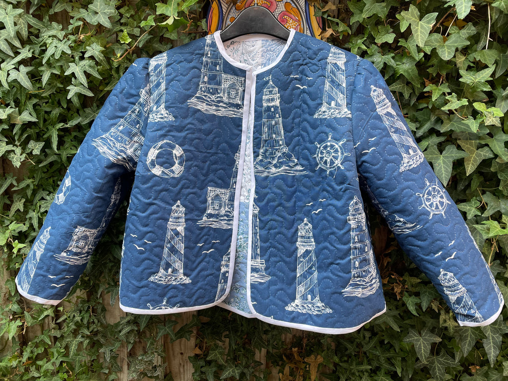 Reversible Beatrice quilted jacket blue patchwork and blue light houses size 12