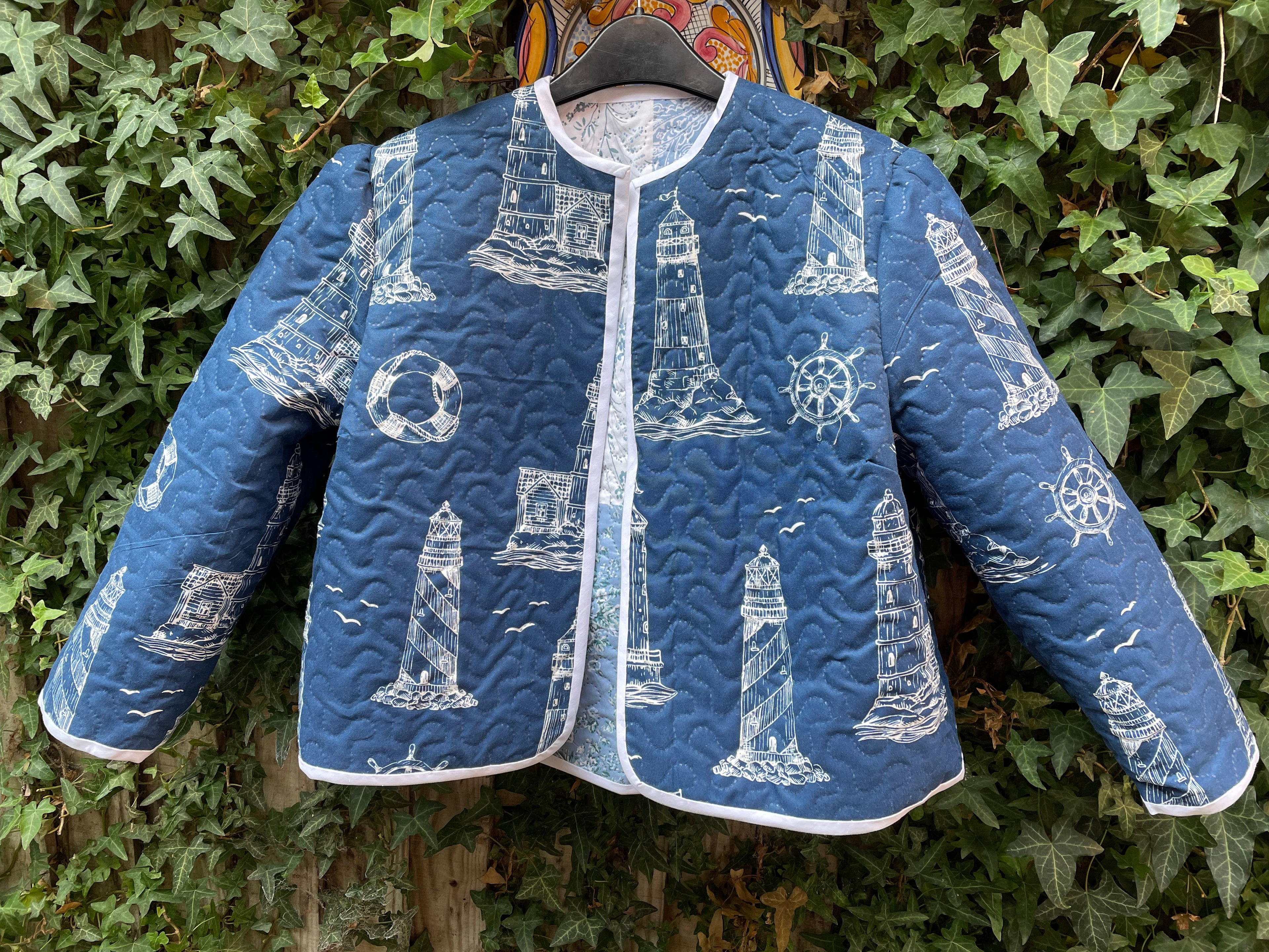 Reversible Beatrice quilted jacket blue patchwork and blue light houses size 12