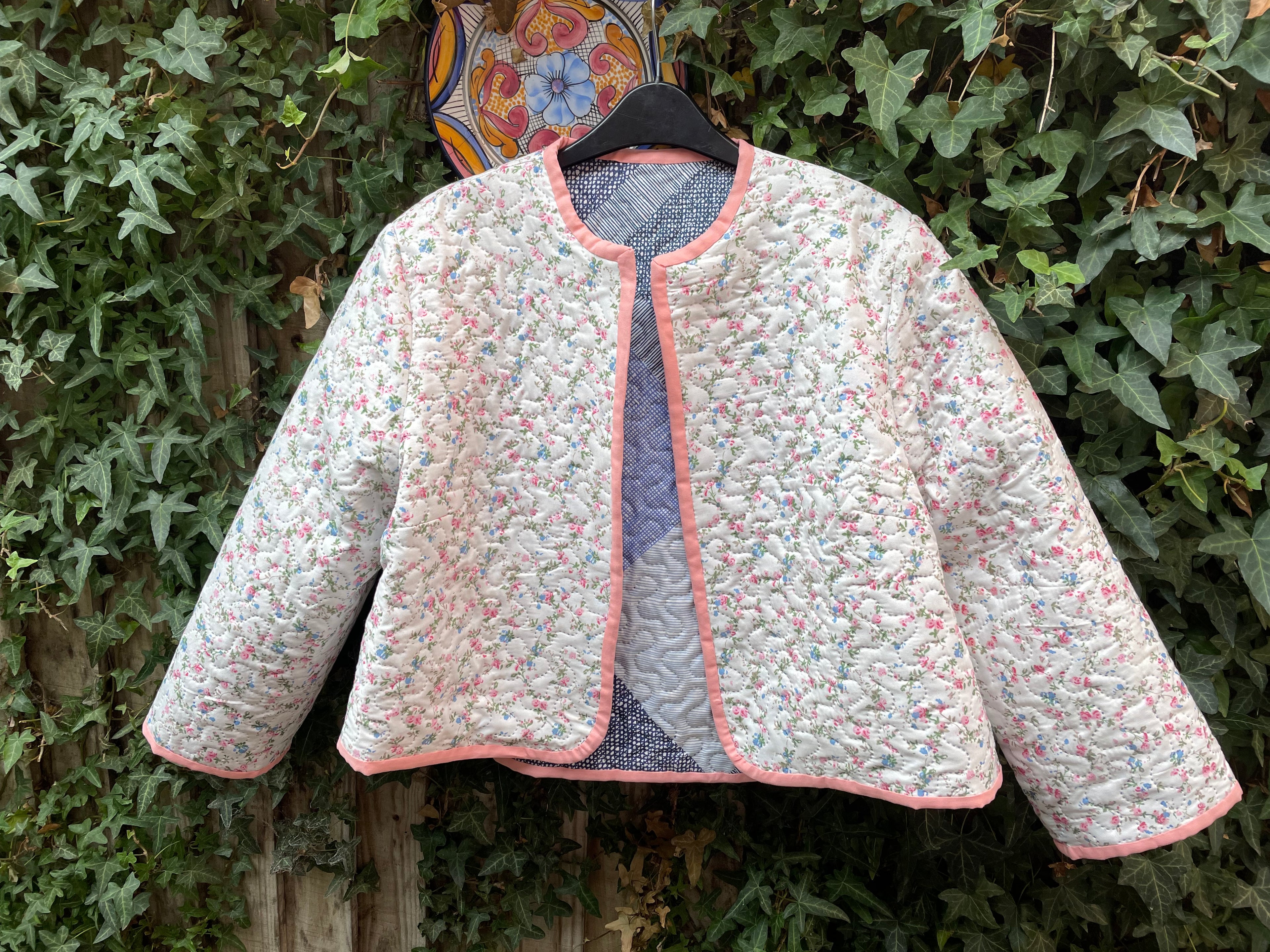 Reversible Beatrice quilted jacket floral one side blue patchwork on other size 18