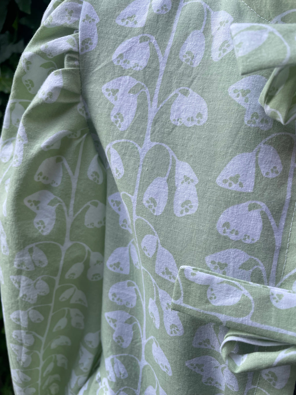 Handmade Ava blouse in pale green and white floral cotton with a peplum and tie front size 10